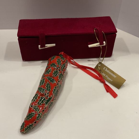 Rare Cloisonné Red Hot Chili Pepper Holly Berry Christmas Ornament With Box 5.5" - Picture 1 of 8